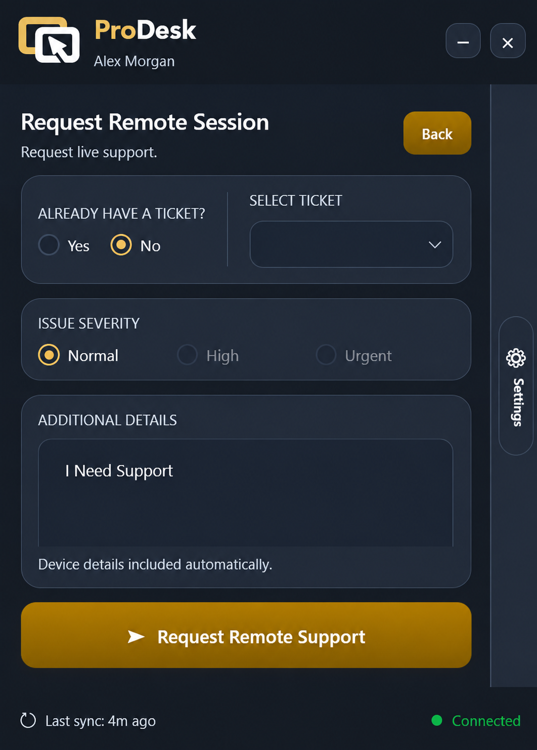 ProDesk request remote session screen